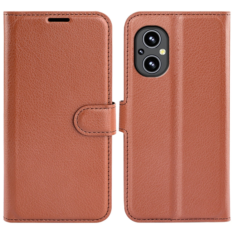 Brown litchi texture flip wallet phone case with card pocket and camera cutout