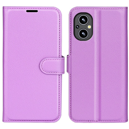 Purple litchi texture flip wallet phone case with card pocket and camera cutout