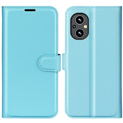 Light blue litchi-texture flip phone case with strap and dual-camera cutout
