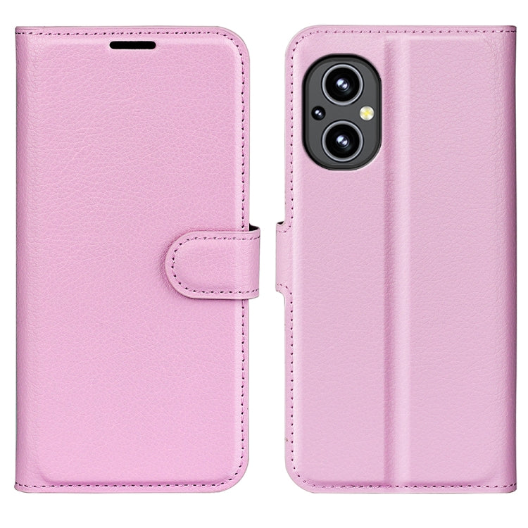 Pink litchi-texture flip phone case with side strap and dual-camera cutout
