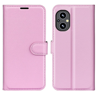 Pink litchi-texture flip phone case with side strap and dual-camera cutout