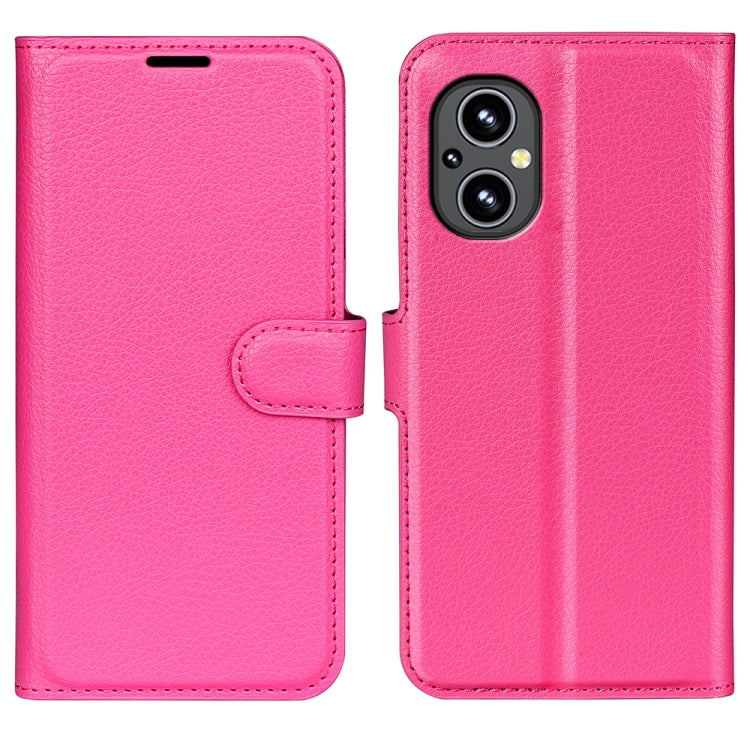 Hot pink litchi-texture flip phone case with strap and dual-camera cutout