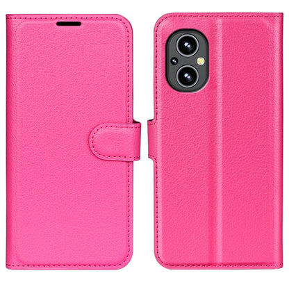 Hot pink litchi-texture flip phone case with strap and dual-camera cutout