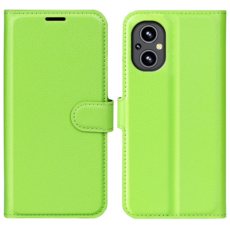Green litchi-texture flip phone case with side strap and dual-camera cutout