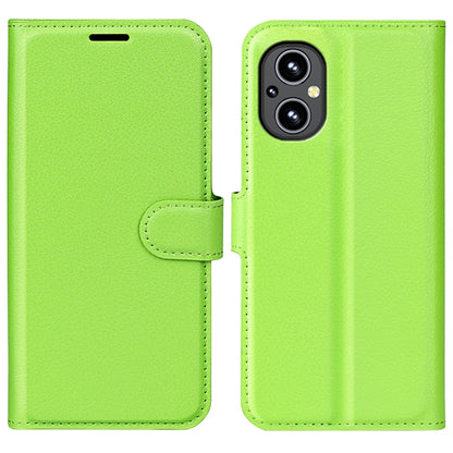 Green litchi-texture flip phone case with side strap and dual-camera cutout