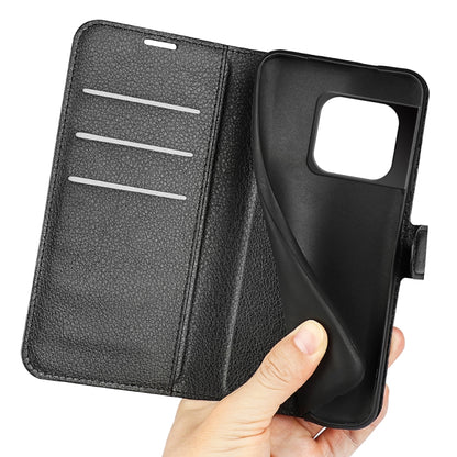 Black litchi-texture flip wallet case with card slots and TPU inner cover