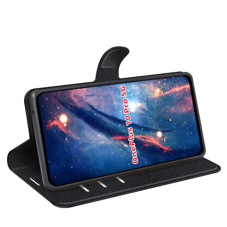 Black litchi-texture flip wallet case used as a horizontal stand