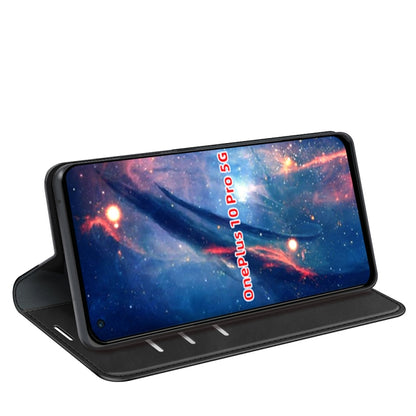 Black leather-style wallet phone case with flip stand for landscape viewing