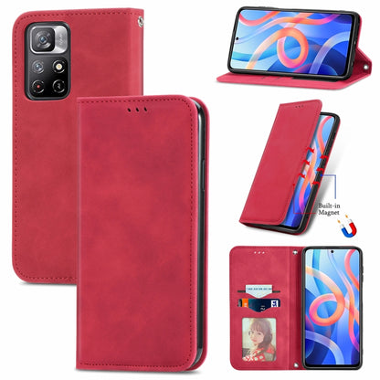 Red magnetic flip leather phone case with card slots and stand