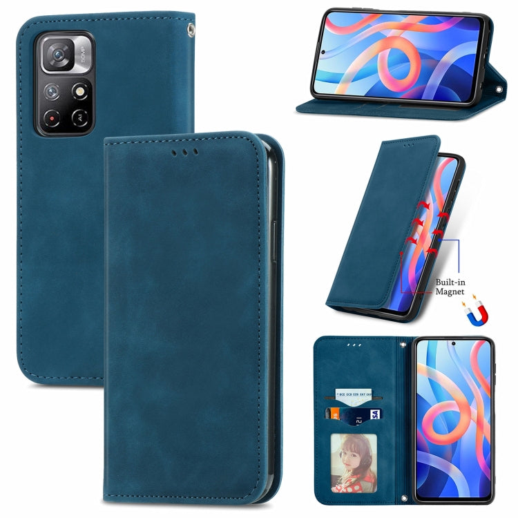 Blue magnetic flip leather phone case with card slots and stand