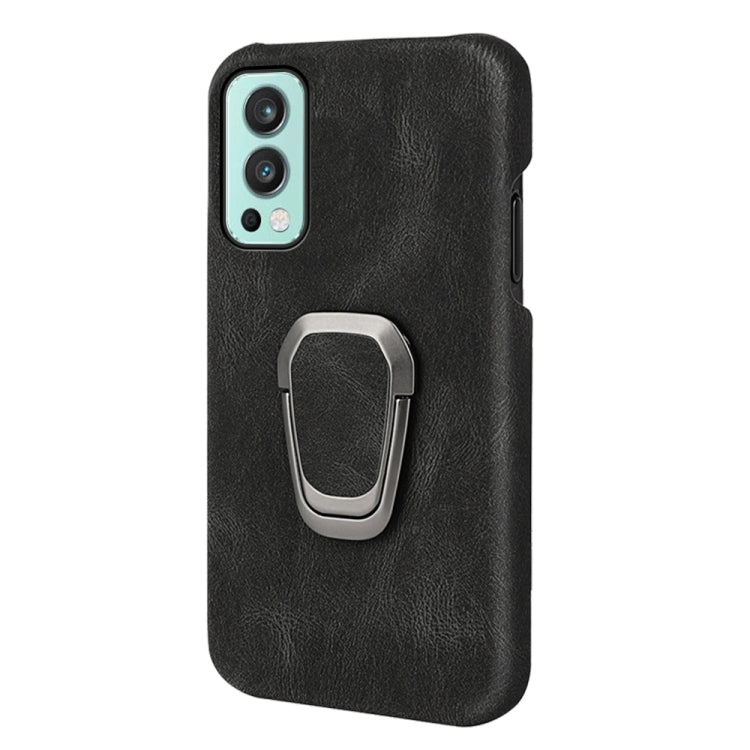 Black PU phone case with metal ring holder; fits OnePlus Nord 2 5G camera cutouts