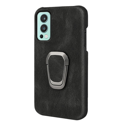 Black PU phone case with metal ring holder; fits OnePlus Nord 2 5G camera cutouts