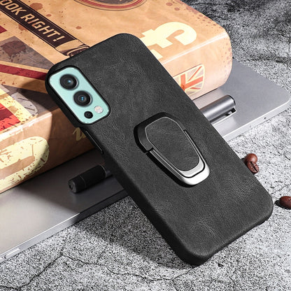 Black PU phone case with ring holder; side button openings for OnePlus Nord 2 5G