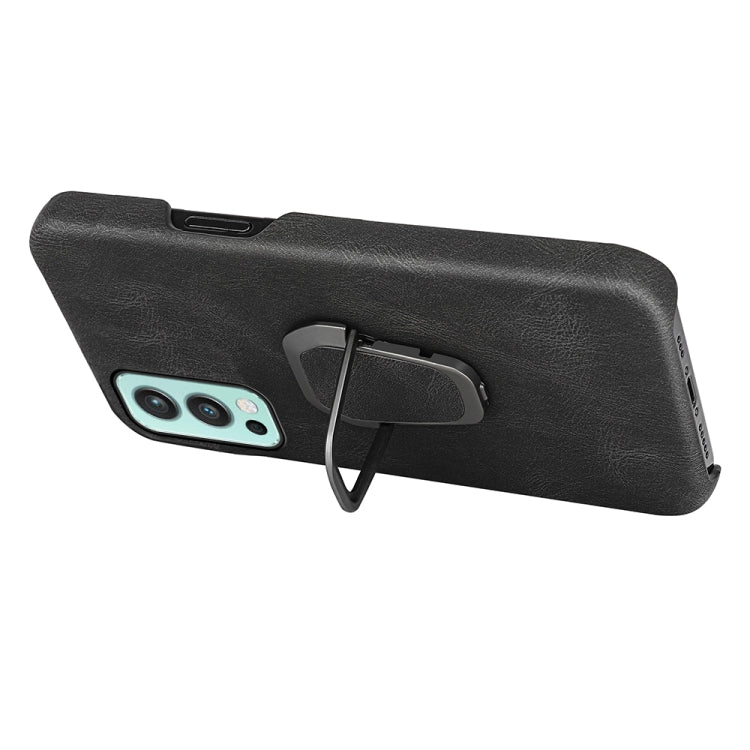Black PU phone case with ring holder and camera cutouts; side profile view for Nord 2 5G