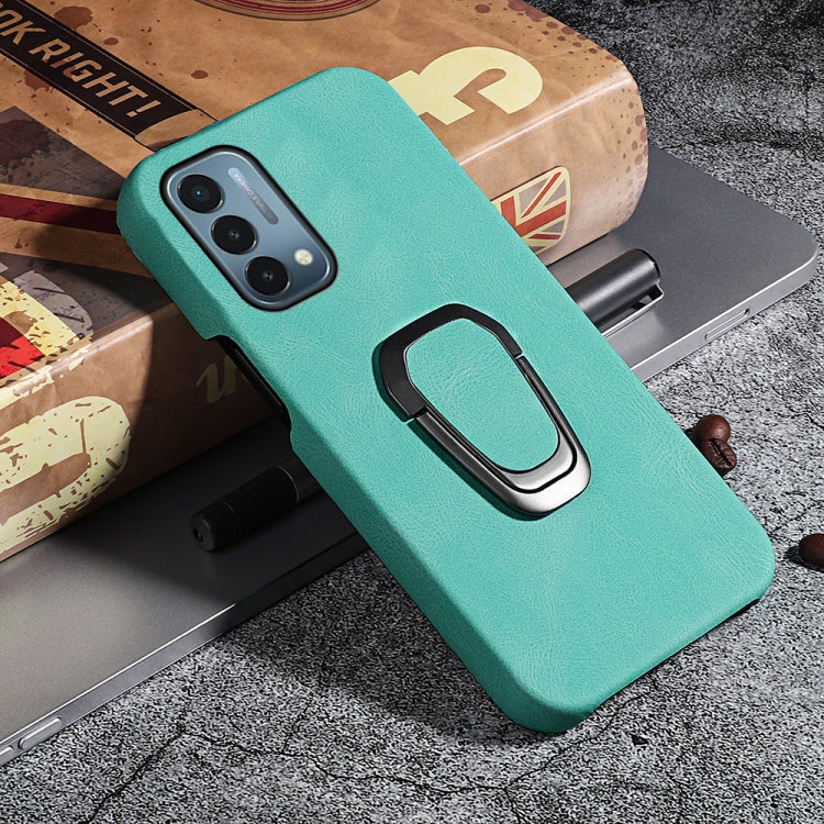 Mint green PU phone case with ring holder, angled view for OnePlus Nord N200 5G