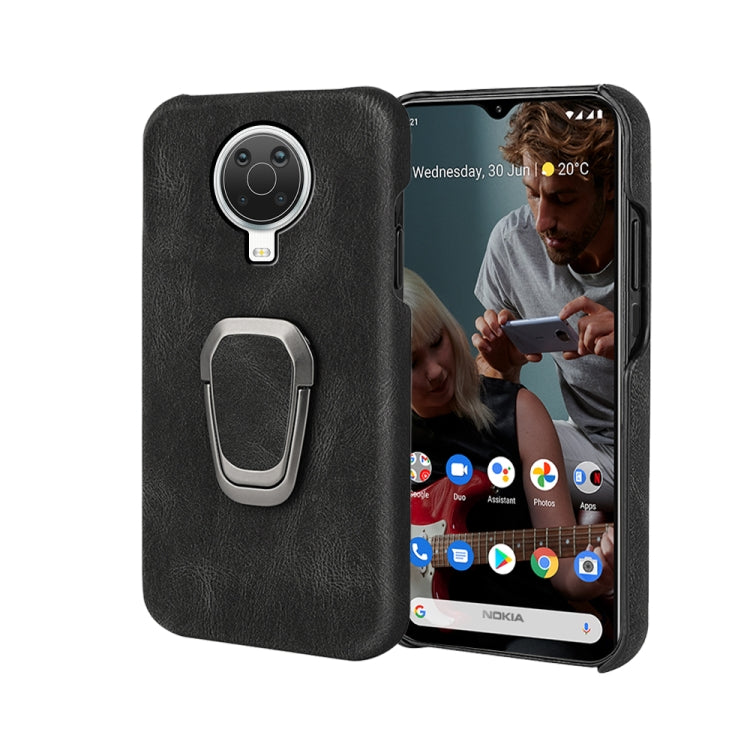 Black PU phone case for Nokia G20 with ring holder, textured finish, rear and front view