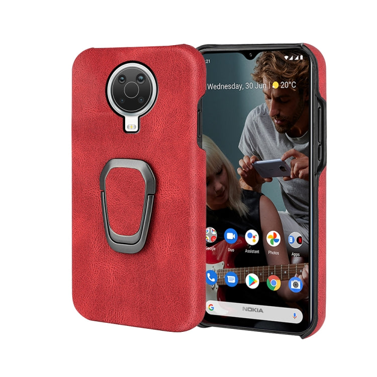 Red PU phone case for Nokia G20 with ring holder, textured finish, rear and front view