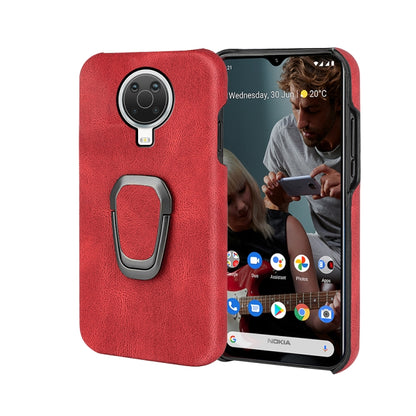 Red PU phone case for Nokia G20 with ring holder, textured finish, rear and front view