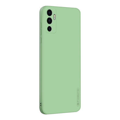 Green liquid silicone TPU phone case, back view with camera lens cutouts and bottom speaker cutout.