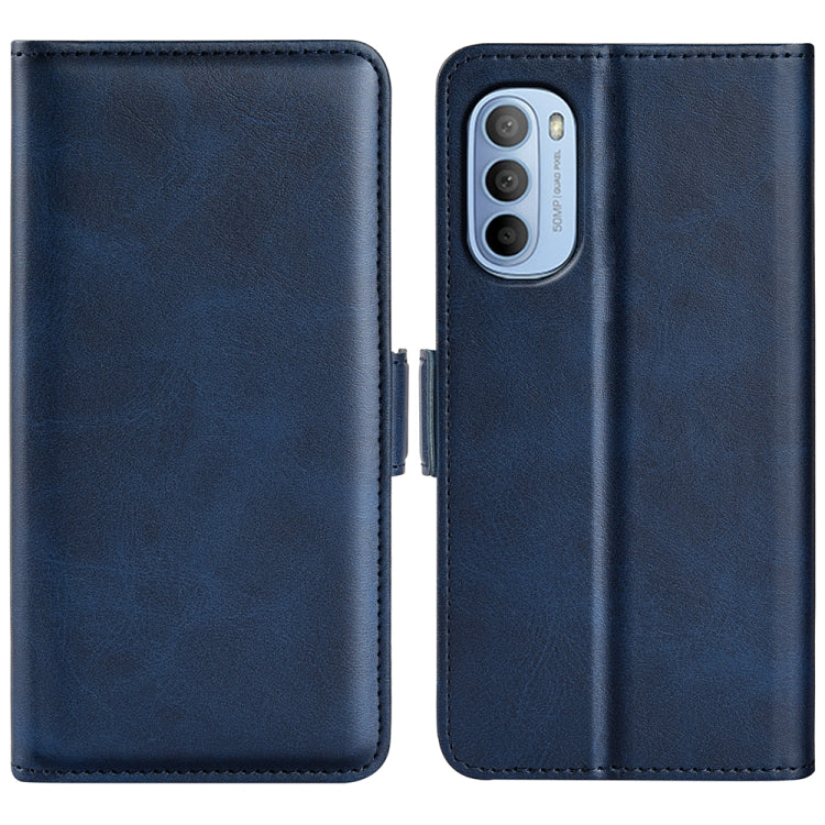 Dark blue leather-style phone case with magnetic buckle closure and dual-fold design