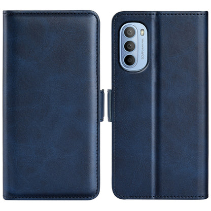 Dark blue leather-style phone case with magnetic buckle closure and dual-fold design