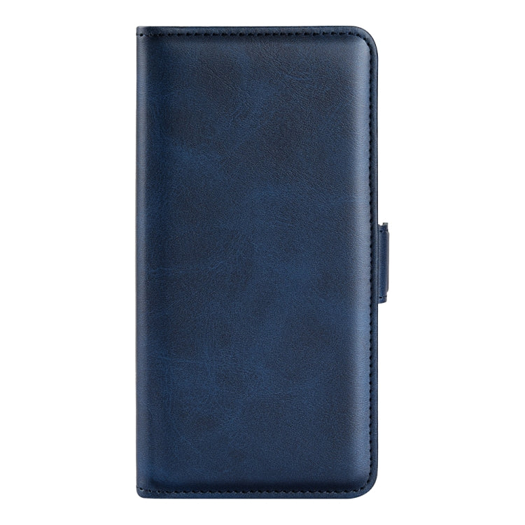 Dark blue leather-style phone case with magnetic buckle tab and stitched edges