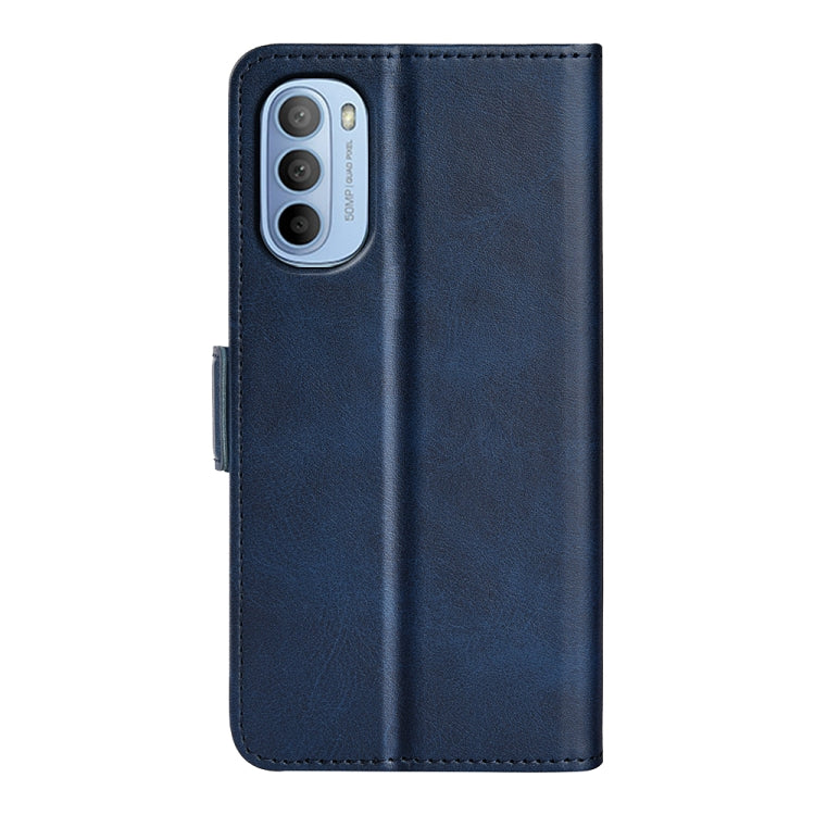 Dark blue leather-style phone case with camera cutout and magnetic side buckle