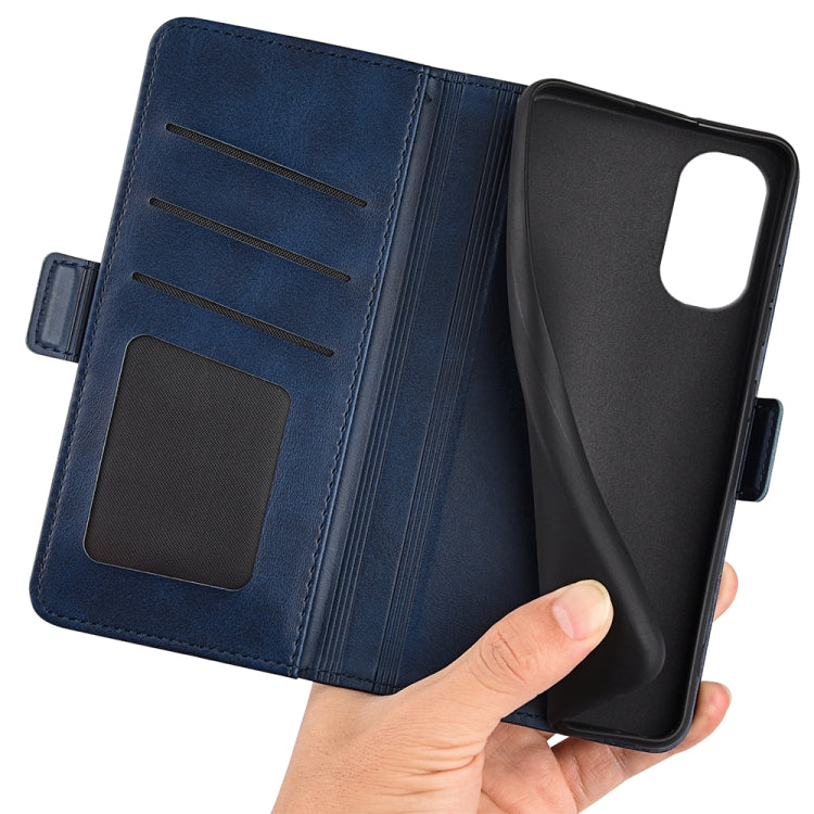 Dark blue leather-style wallet phone case with card slots and magnetic strap