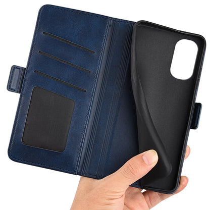 Dark blue leather-style wallet phone case with card slots and magnetic strap