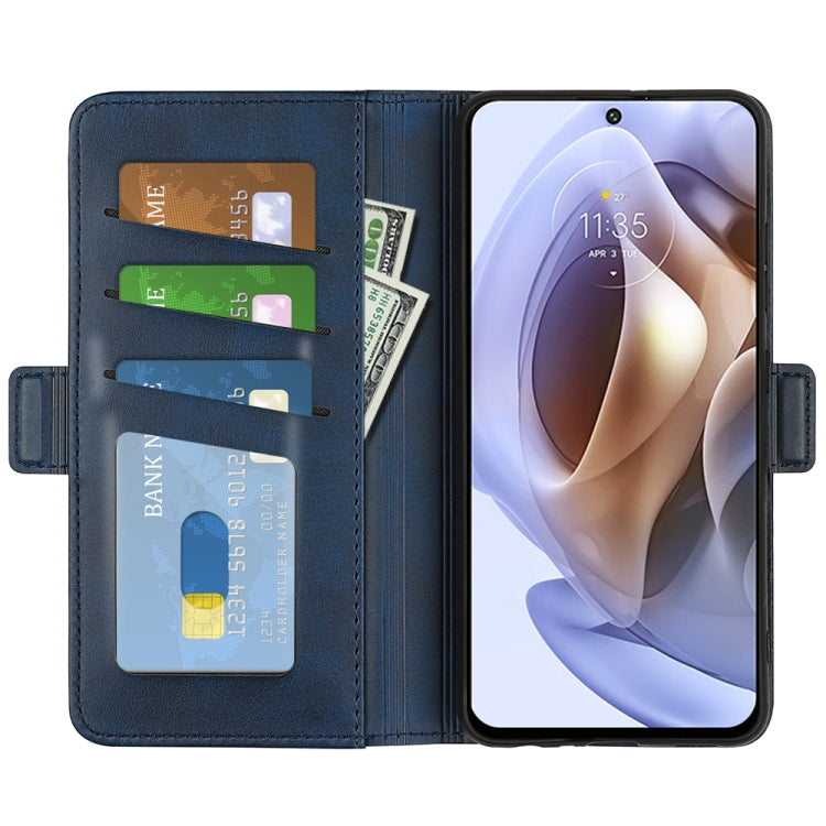 Dark blue leather-style phone case with card slots and front cover open