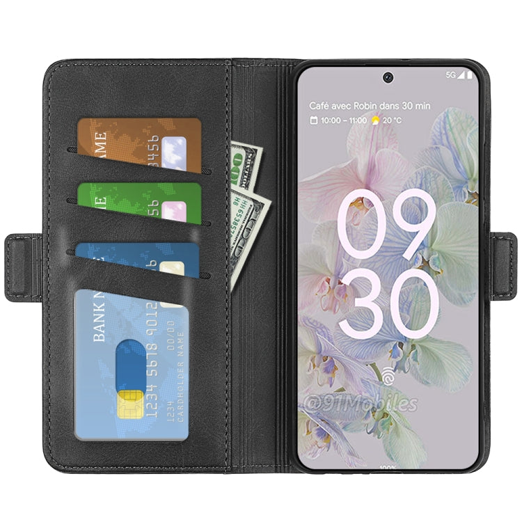 Black leather folio phone case with card slots holding cards and a phone