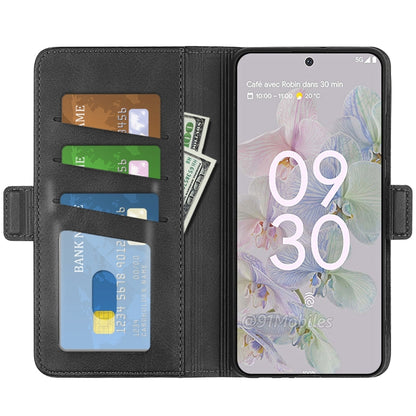 Black leather folio phone case with card slots holding cards and a phone