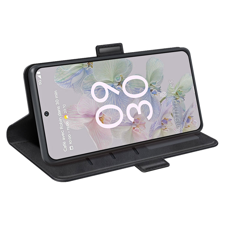 Black leather folio phone case folded as a viewing stand for a phone