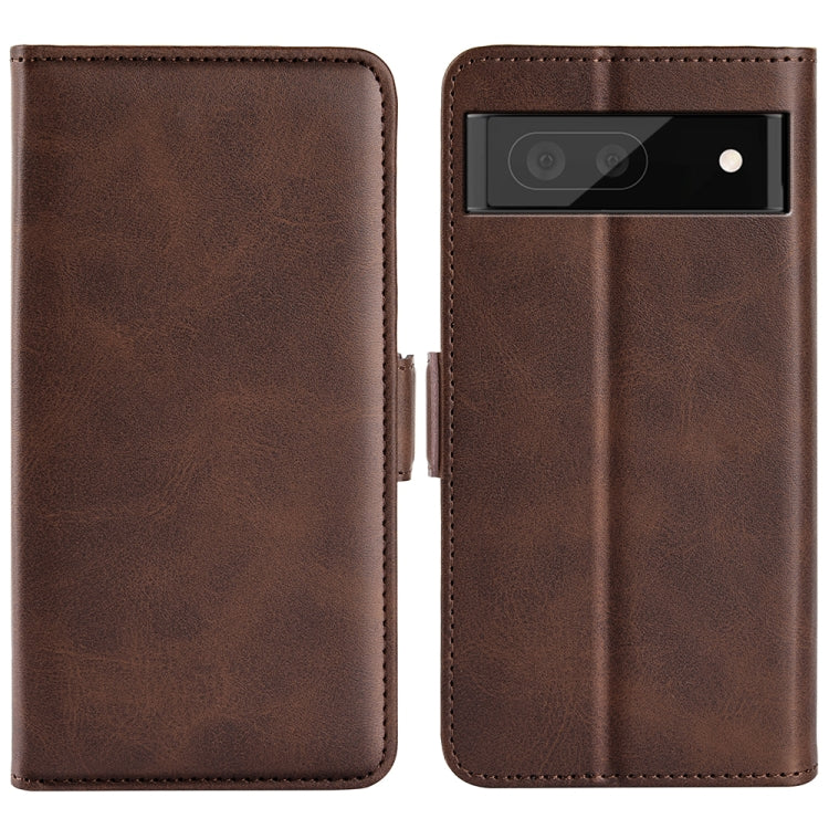 Brown leather folio phone case shown front and camera side with magnetic buckle