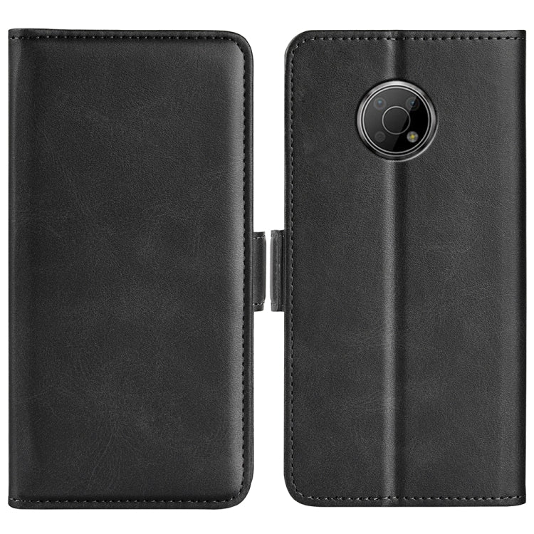 Black leather phone case with dual-side magnetic buckle, phone camera cutout