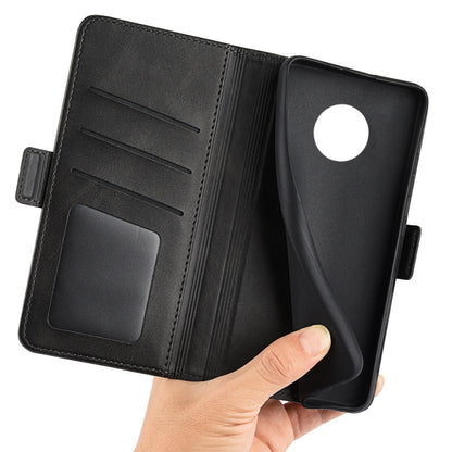 Black leather wallet-style phone case with magnetic buckle, card slots and hand hold