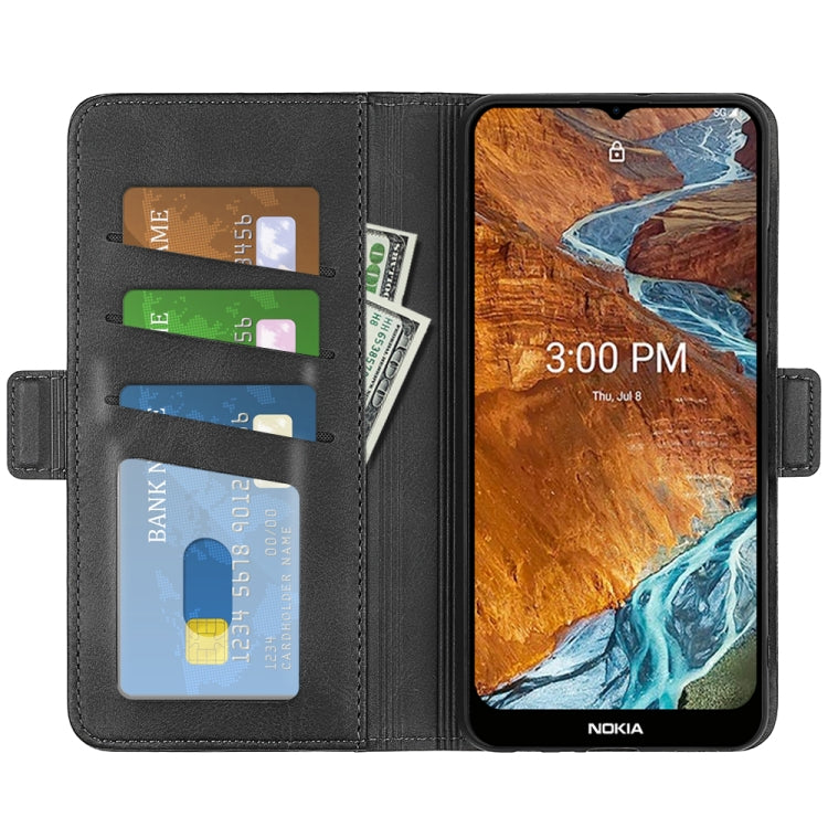 Black leather folio phone case with magnetic buckle, card slots and phone in cover