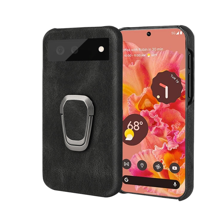 Black PU phone case with built-in ring holder for Google Pixel 6, front and back view