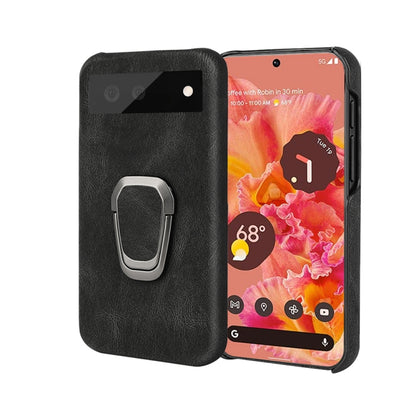 Black PU phone case with built-in ring holder for Google Pixel 6, front and back view