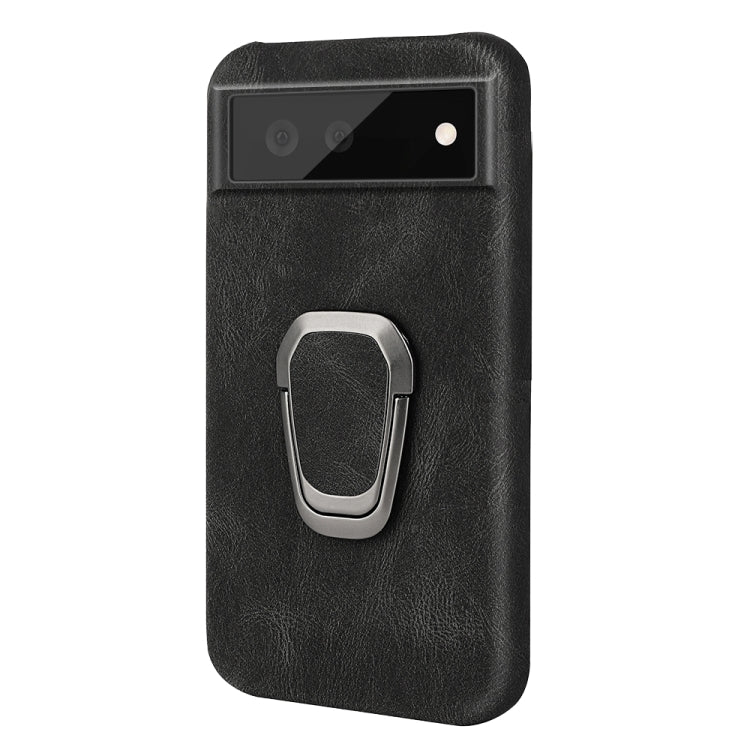 Black PU phone case with metal ring holder, for Google Pixel 6, front-facing cutout
