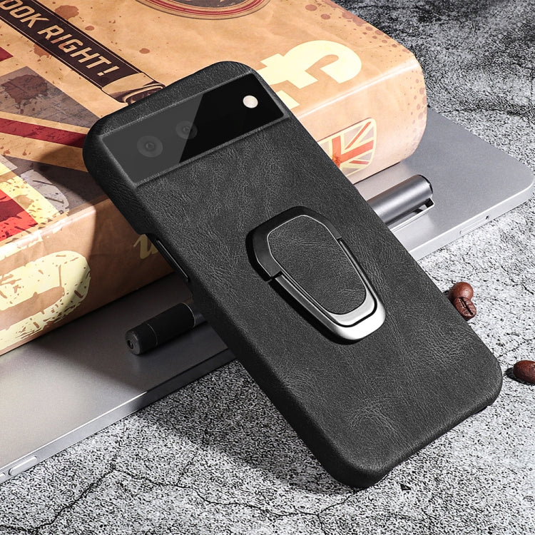 Black PU phone case with ring holder ring, for Google Pixel 6, angled view