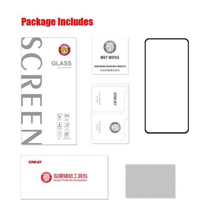 Screen protector kit layout with tempered glass, cleaning wipes, and installation accessories