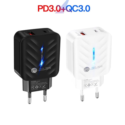 PD03 20W PD3.0 + QC3.0 USB Charger with USB to Type-C Data Cable, EU Plug, EU Plug, EU Plug + USB to Type-C Cable