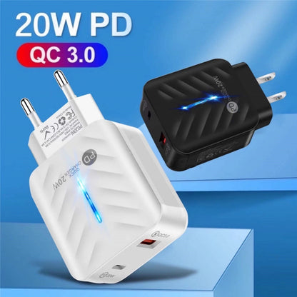 PD03 20W PD3.0 + QC3.0 USB Charger with USB to Type-C Data Cable, EU Plug, EU Plug, EU Plug + USB to Type-C Cable