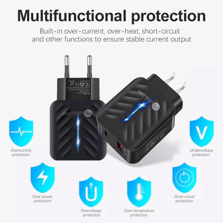 PD03 20W PD3.0 + QC3.0 USB Charger with USB to Type-C Data Cable, EU Plug, EU Plug, EU Plug + USB to Type-C Cable