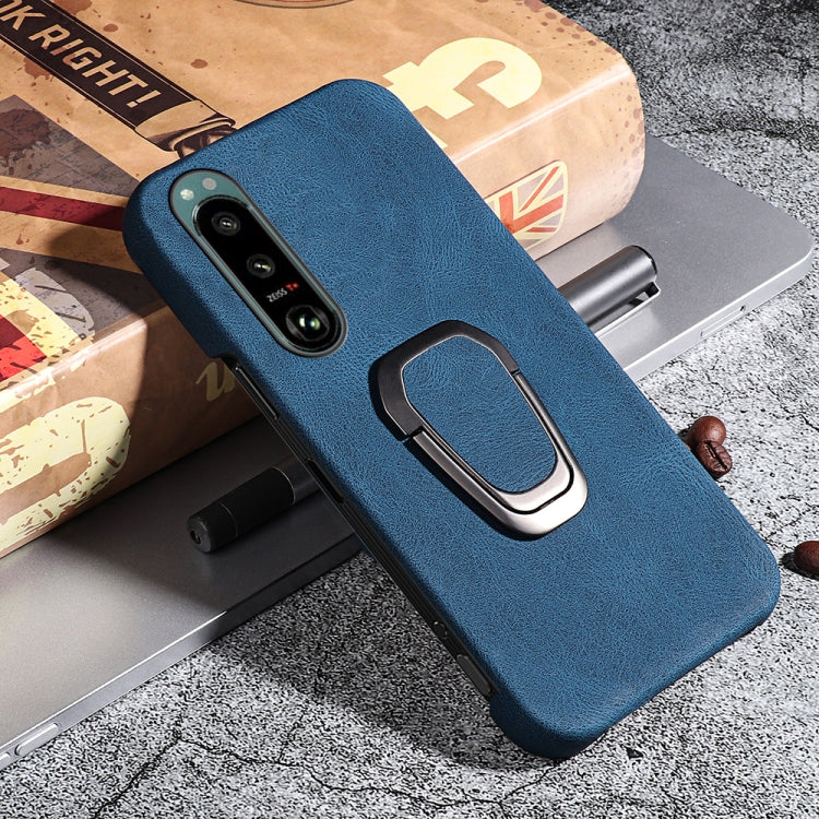 Blue PU phone case with ring holder for Sony Xperia 5 III, angled side view