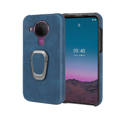 Blue PU phone case with ring holder, worn with phone showing camera cutout and buttons