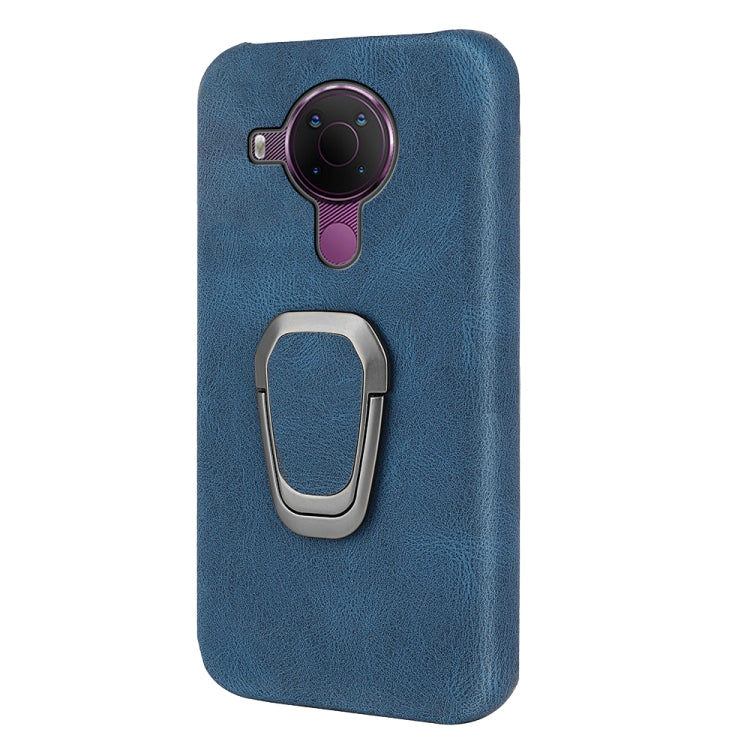 Blue PU phone case with ring holder on back, camera cutout and purple detail