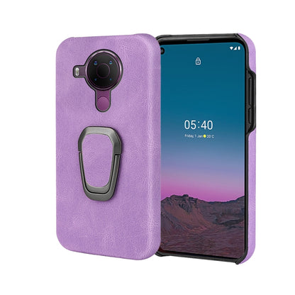 Purple PU phone case with ring holder, camera cutout and phone view