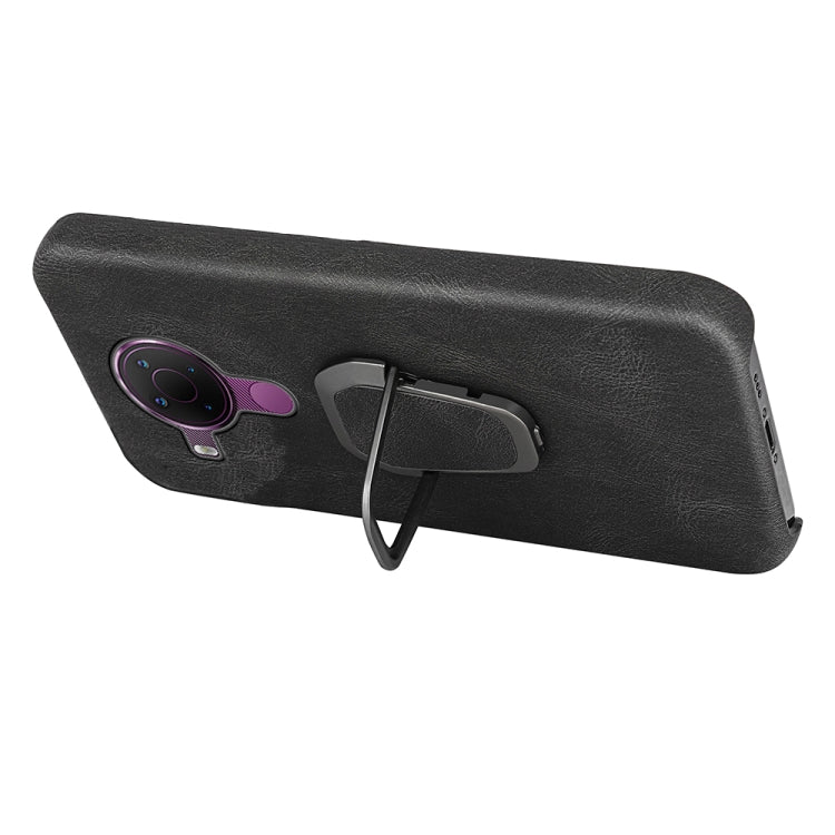 Black PU phone case with ring holder, camera cutout visible in side view